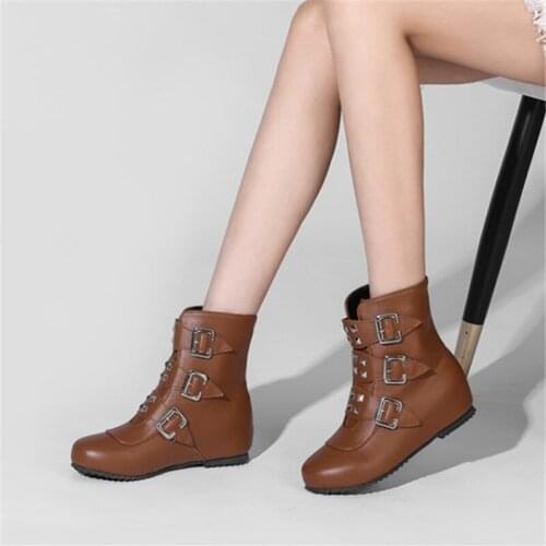 PXELENA 2021 Autumn NEW Women Ankle Boots Buckle Rivet Hidden Low Heels Punk Shoes Large Size 34-48 Lady Combat Motorcycle Boot