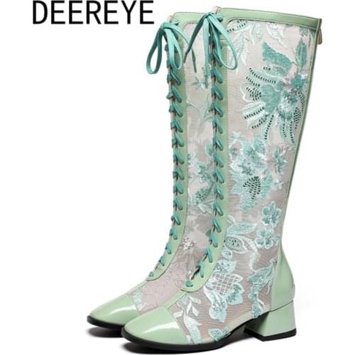 Genuine Leather Embroidered Flower Mesh Rubber Front Laces Straps Knee High Boots Luxury Womens Chunky 4.5cm Back Zipper Shoes