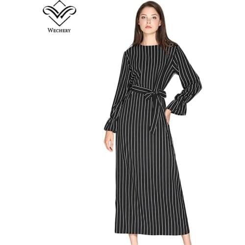 Wechery Womens Striped Long Dress Slim Abayas Islamic Muslim Style Plus Size Black White Turmpet Sleeve