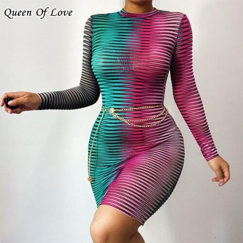 2021 Summer Autumn Fashion Streetwear Long Sleeve Bodycon Mini Dress Women See Through Striped Club Party Dresses Outfits Y2K