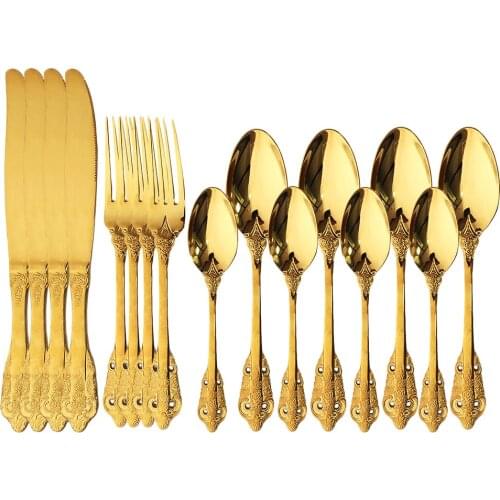 16Pcs/Set Gold Cutlery Set 304 Stainless Steel Knife Fork Spoon Dinner set Luxury Vintage Tableware Dinnerware Silverware Set