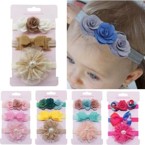 Nishine 3pcs/lot Kids Elastic Floral Headband Girls Baby Bowknot Headwear Girls Hair Accessories Elastic Bands Hairband Set
