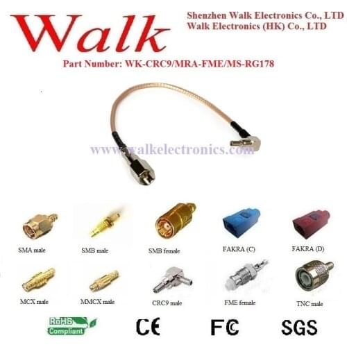 CRC9 male FME male rg178 cable, crc9 fme rg178 adapter cable, crc9 antenna cable