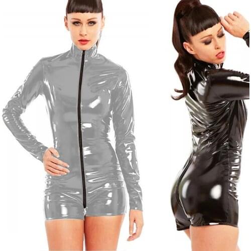 Women Exotic Long Sleeves Zipper Vinyl PVC Leather Catsuit Nightclub DS Bar Shiny Bodycon Playsuit Front Zipper Skinny Shorts