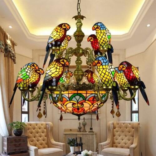 European-Style Creative Vintage Tiffany Colored Glass Parrot Chandelier Bar Restaurant Living Room Bird Light Colored Glaze