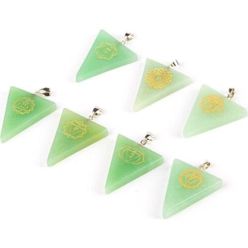 Natural Stone Green Dongling Jade Pendant Seven Chakra Pattern Triangle Pendant Traditional Religious Ornament DIY Divination