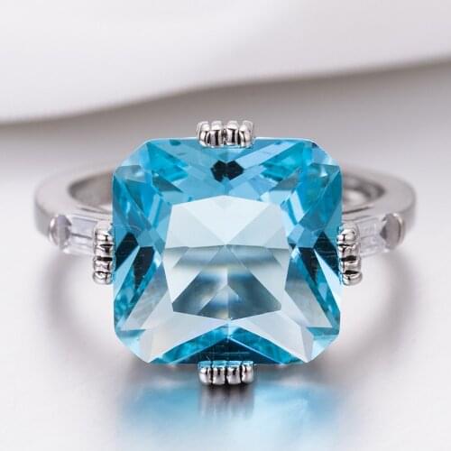 Best Selling Inlaid Shallow Sea Blue Square Big Stone Rings American Women Engagement Wedding Princess Silver Plated Ring