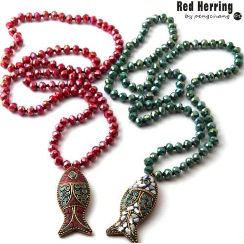 Fashion Bohemian Tribal Jewelry Glass Knotted Fish Pendant Necklaces For Women Ethnic Necklace
