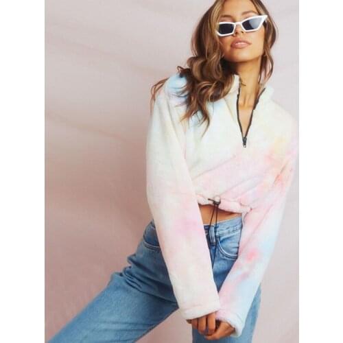 Spring Autumn Streetwear Fashion Womens Hoodies Pullover Flannel Tops Loose Front Zipper Womens Pullovers Tie Dye Turtlenecks