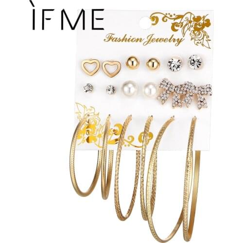 IF ME 9 Pairs/set Trendy Heart Crystal Butterfly Gold&Silver Color Stud Earring For Women synthesis Pearl Round Earrings Set