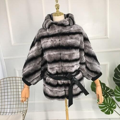 Real fur Stripe coat Fur hat to keep warm batwing sleeve with sashes ashionable joker