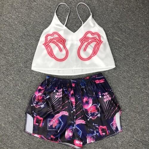 New Cartoon Print Pajamas Sets Women Sexy Cute Animal Satin Pyjamas Sleep Shorts Spaghetti Strap Pijama Suit Sleepwear Homewear