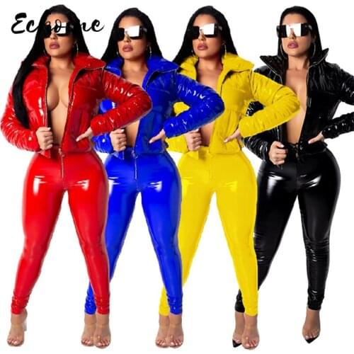 Women Parkas Women Fashion Long Sleeve Glossy Leather Bread Down Jacket Zipper Pockets Coat Winter Jacket Plus Size S-3XL