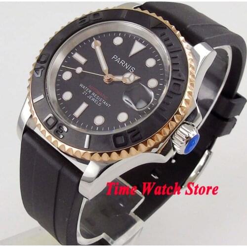 Parnis 41mm Miyota 5ATM black Automatic mens watch Sapphire glass Luminous brushed ceramic bezel rubber strap P980