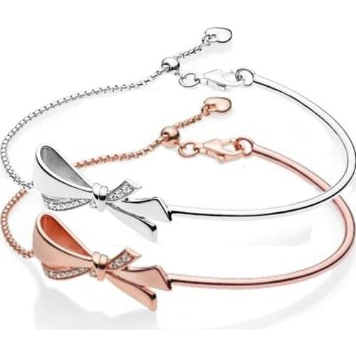 Rose Brilliant Bow Ball Clasp Adjust 925 Sterling Silver Pan Bangle Fit Fine Original Bracelet Bead Charm Diy Jewelry