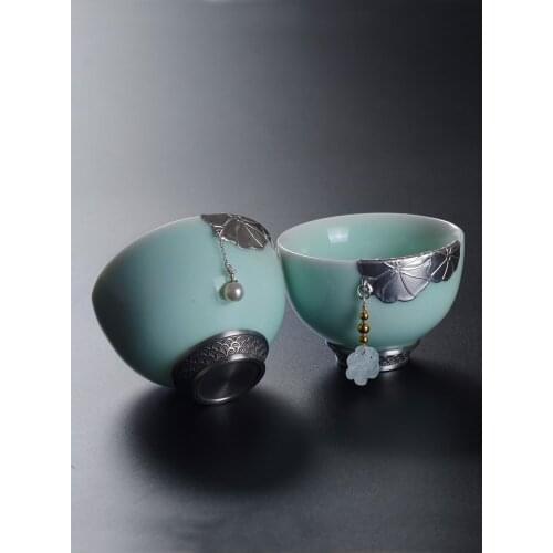 Handmade Silver Teacup Master Cup Kunfu Tea Set Chawan Creative Celadon Tea Bowl Japanese Style Ceramic Small Cup