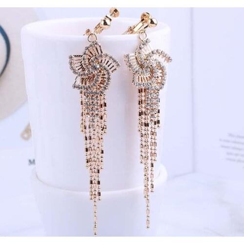 Gold Silver Hollow Flower Fringe Clip On Earrings No Pierced Rhinestone Dangle For Female Wedding Party Star Ear Clips Jewelry