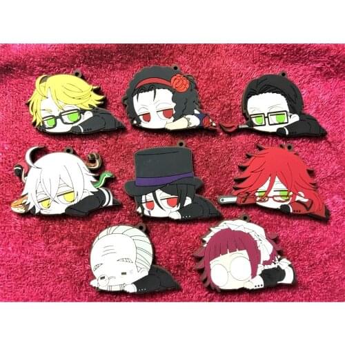 Random 8pcs/set Black Butler Anime keychain/mobile phone charms/strap Ciel Phantom hive Sebastian Joker Dagger Elizabeth Lizzy