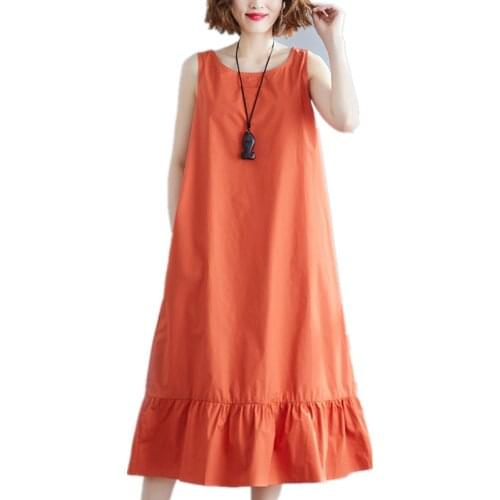 Uego Sleeveless Loose Summer Dress Solid Color Cotton Linen Ruffles Holiday Beach Casual Dress Plus Size Women Midi Party Dress