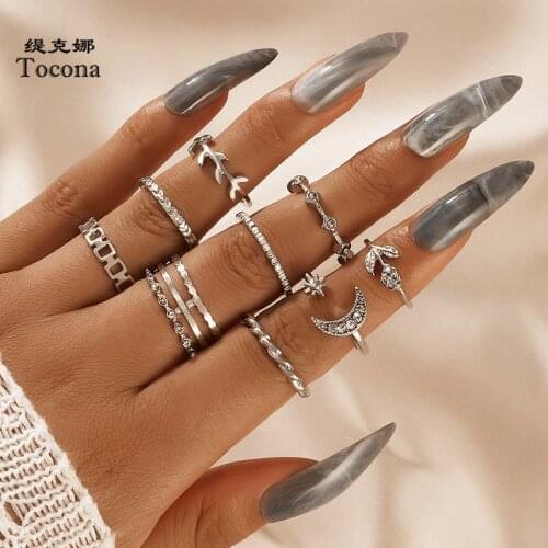 Tocona 9pcs/sets Vintage Silver Color Moon Ring Sets for Women Charms Leaf Luxury Crystal Stone Geometry Jewelry Anillo 15121