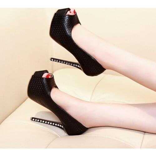 Summer sexy 14cm thin high heels peep toe pumps with rhinestones shallow mouth platform sandals female black white wedding shoes