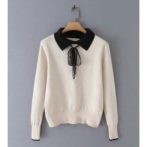 Urifens Bowknot Lace Lapel Knitted Sweater Women Long-sleeved Simple Commuter Elastic Bottoming Sweater Pullover Female LBJ2745