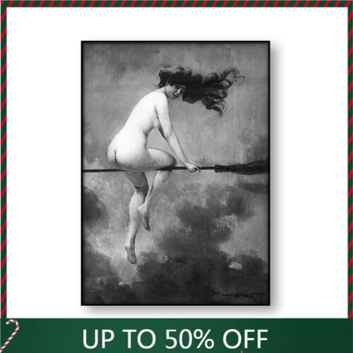 Witch Riding Broomstick Vintage Poster Wall Art Canvas Print Witch Broom Gothic Occult Halloween Antique Black White Painting