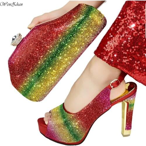 Amazing Red Wedding/Party High Heel Sandal Shoes Matching With Purse Bag Set With Colorful Rhinestones Heel Height D03-21