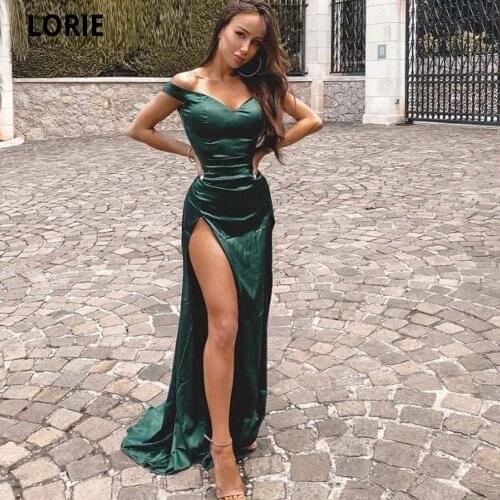 LORIE Green Off The Shoulder Evening Dresses Deep V-Neck Sleeveless Zipper Back A-Line Side Slit Silk Satin Prom Dresses
