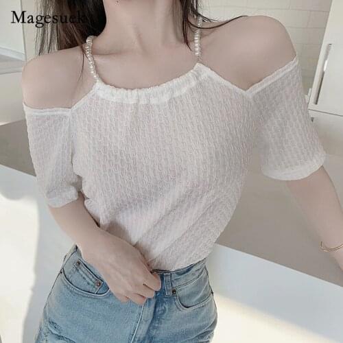 2021 Sexy Club Style Summer Women Blouse Slash Neck Solid Cotton Shirt for Women Off The Shoulder Beading Short Tops Blusa 14839