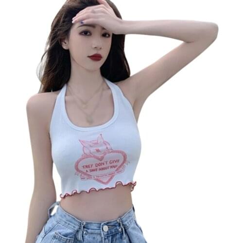 Womens Summer Japanese Print Halter Sexy Slim Exposed Navel Knitted Camisole Tank Top