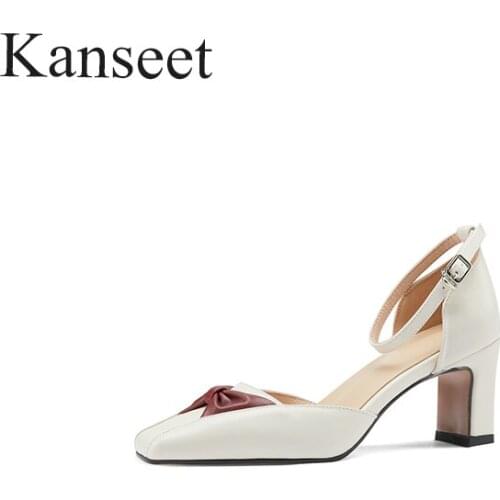 Kanseet Women Genuine Leather Shoes High Heels Butterfly-Knot Square Toe Sandals 2021 New Summer Buckle Strap Shoes Plus Size 43