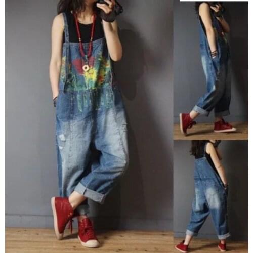 2021 Spring Denim Printed Jumpsuits Women Loose Hole Spliced Bleached Casual Vintage Ripped Overalls Female Outwear Trousers