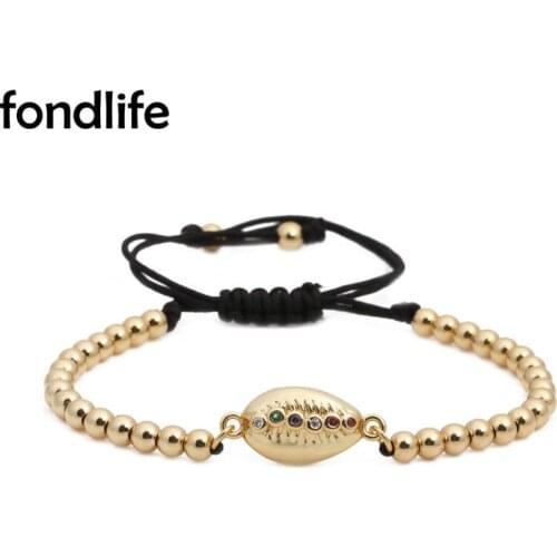 Gold-Plated Cowrie Seashell Multicolor Rainbow Stones Brass Copper Beaded Adjustable Bracelet Women 2021 New Fashion CZ Jewelry