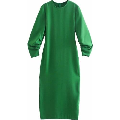2021 New Green Maxi Dress Woman Short Sleeve Slim Dress O-neck Ruched Pleated Sleeve Elegant Dress Ladies