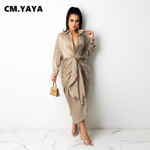 CM.YAYA Women Long Dress Solid Full Sleeve Turn-down Collar Single Breasted Bandage Maxi Dresses Office Lady Outfit Summer 2021