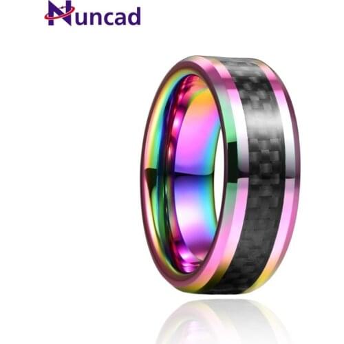 8mm Colorful Inlaid Black Carbon Fiber Tungsten Carbon Ring High Polish Rainbow Rings For Men Good Quality