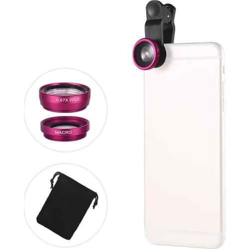 Andoer Universal Clip Lens Kit 0.67X Wide Angle Lens 180 degree Mobile Phone Fisheye Macro Lens 3 in 1 with Clip Accessories