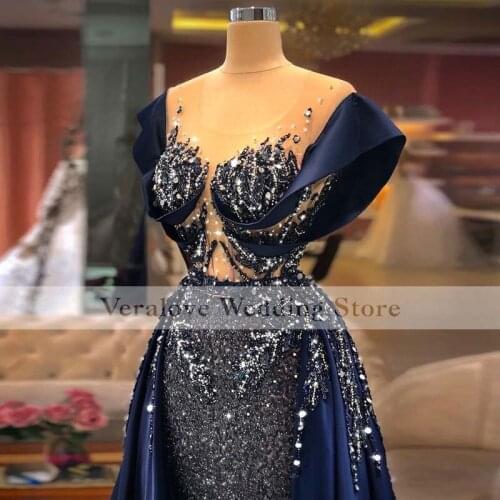 Arabic 2021 Navy Blue Mermaid Prom Dresses With Detachable Train Crystal Beaded Formal Party Reception Gown Evening Wear