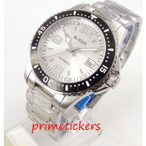 BLIGER automatic 40mm white dial black ceramic bezel stainless steel strap luminous date window mens watch