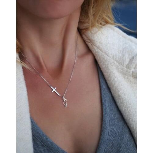 Sideways Cross Necklace with Initial Charm, Script Initial Necklace-Religious Jewelry