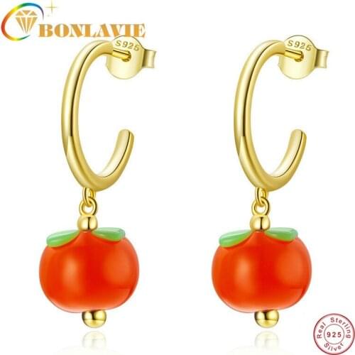 BONLAVIE Plated Gold Glazed Persimmon Grape Earrings Vitality Fresh Fruit 925 Silver Nail Earrings