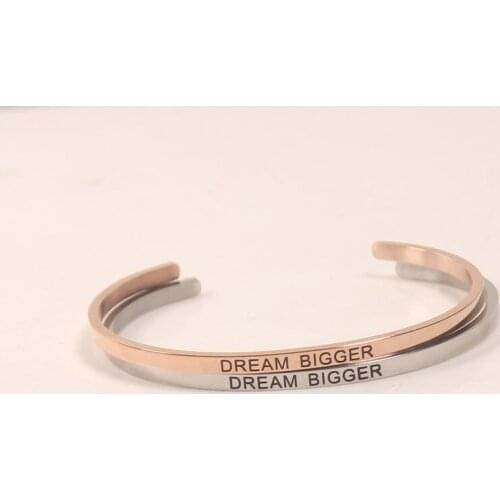 DREAM BIGGER Stainless Steel Engraved Positive Inspirational Quote Hand Imprint Cuff Mantra Bracelet Bangle Gift for Girl