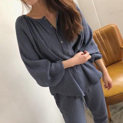 Girlfriends Homewear Womens Pajamas Contton Linen Breathable Red Blue Long Sleeve Tops Drawstring Pants Korean Sleepwear Sets