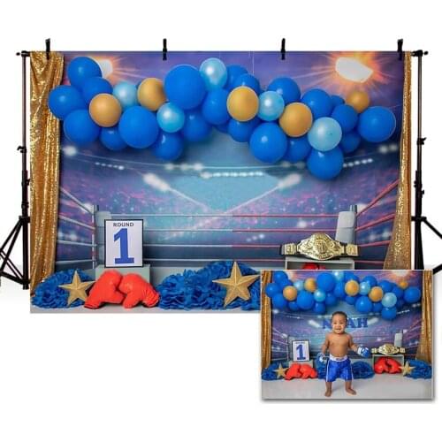 Mehofond 1st Birthday Backdrop Boy Blue Balloon Sport Boxing Ring Baby Shower Photography Background Decor Photo Studio Photocal