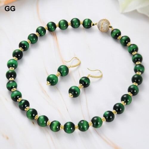GuaiGuai Jewelry 14mm Green Tigers Eye Smooth Round Necklace 18.5" Cz Pave Clasp Earrings Sets