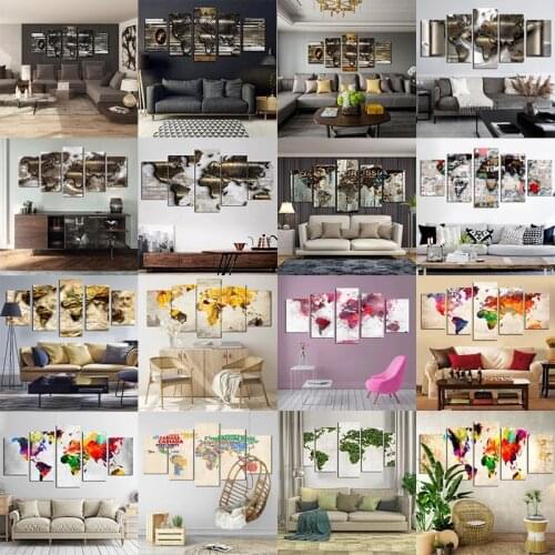 Paintings HD Abstract Canvas For Living Room Wall Art Poster 5 Pieces Retro World Map Decoration Pictures Modular Frame