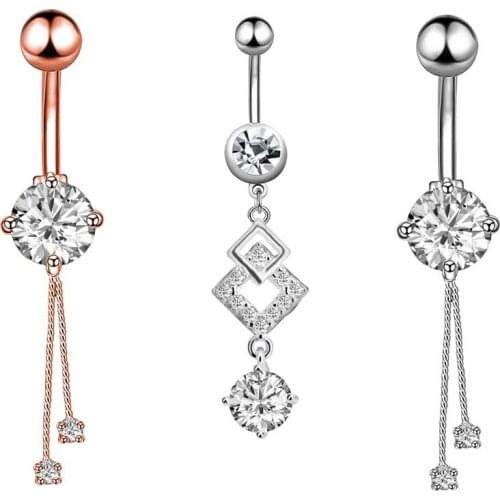 New Belly Bar Chain Navel Ring Exquisite Zircon Navel Pin Body Piercing Jewelry Rose Gold