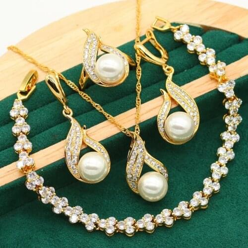 Personalized Gold Color Pearl Jewelry Sets For Women Wedding White Topaz Bracelet Earrings Necklace pendant Ring Bride 4PCS