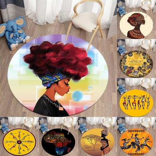 African Themed Round Carpet for Living Room Floor Mat Bedroom Carpet Non-slip Retro Exotic Area Rugs Mat for Children Room Decor